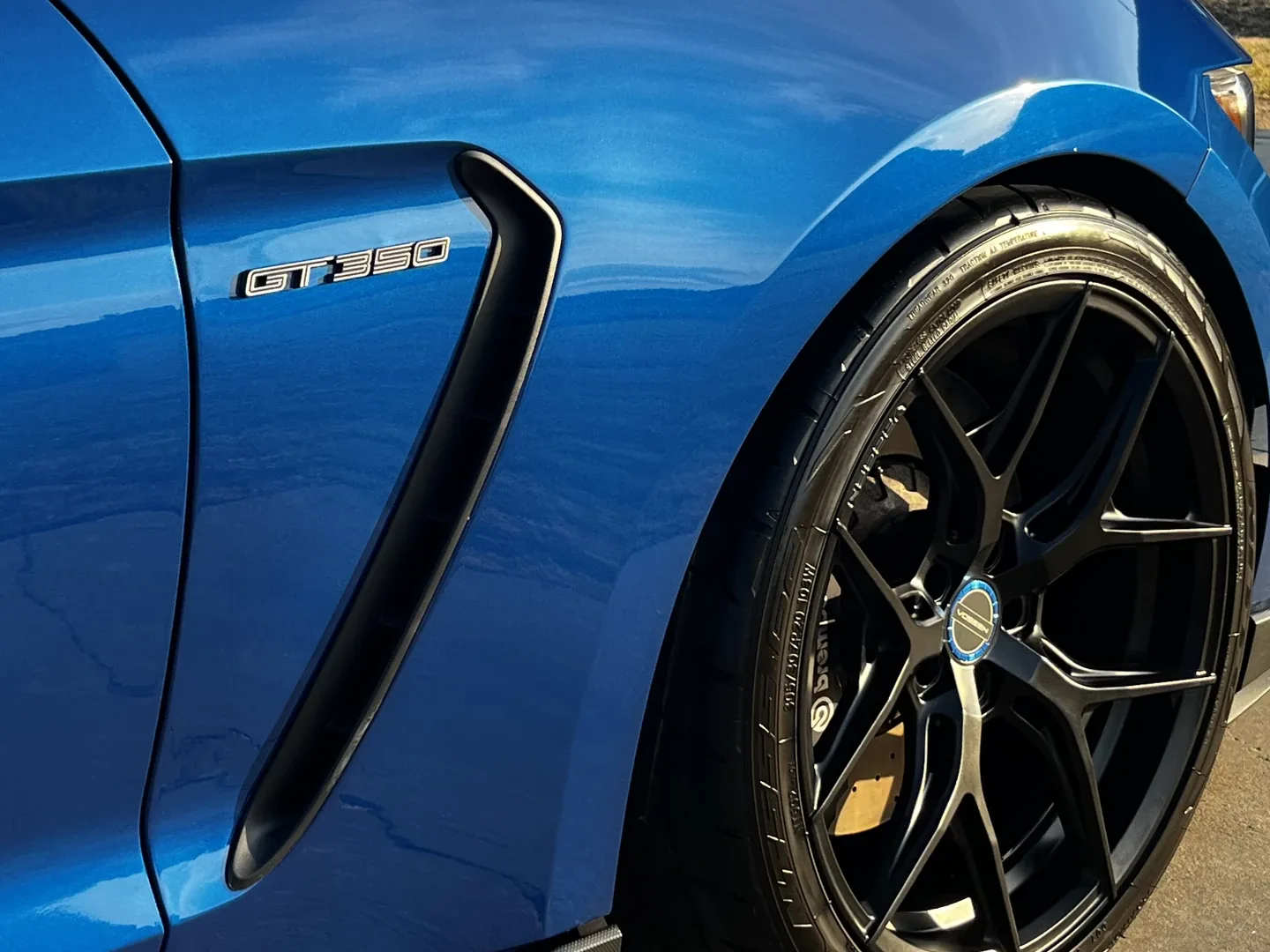 Blue Ford Mustang Shelby GT350 fender and wheel after detailing